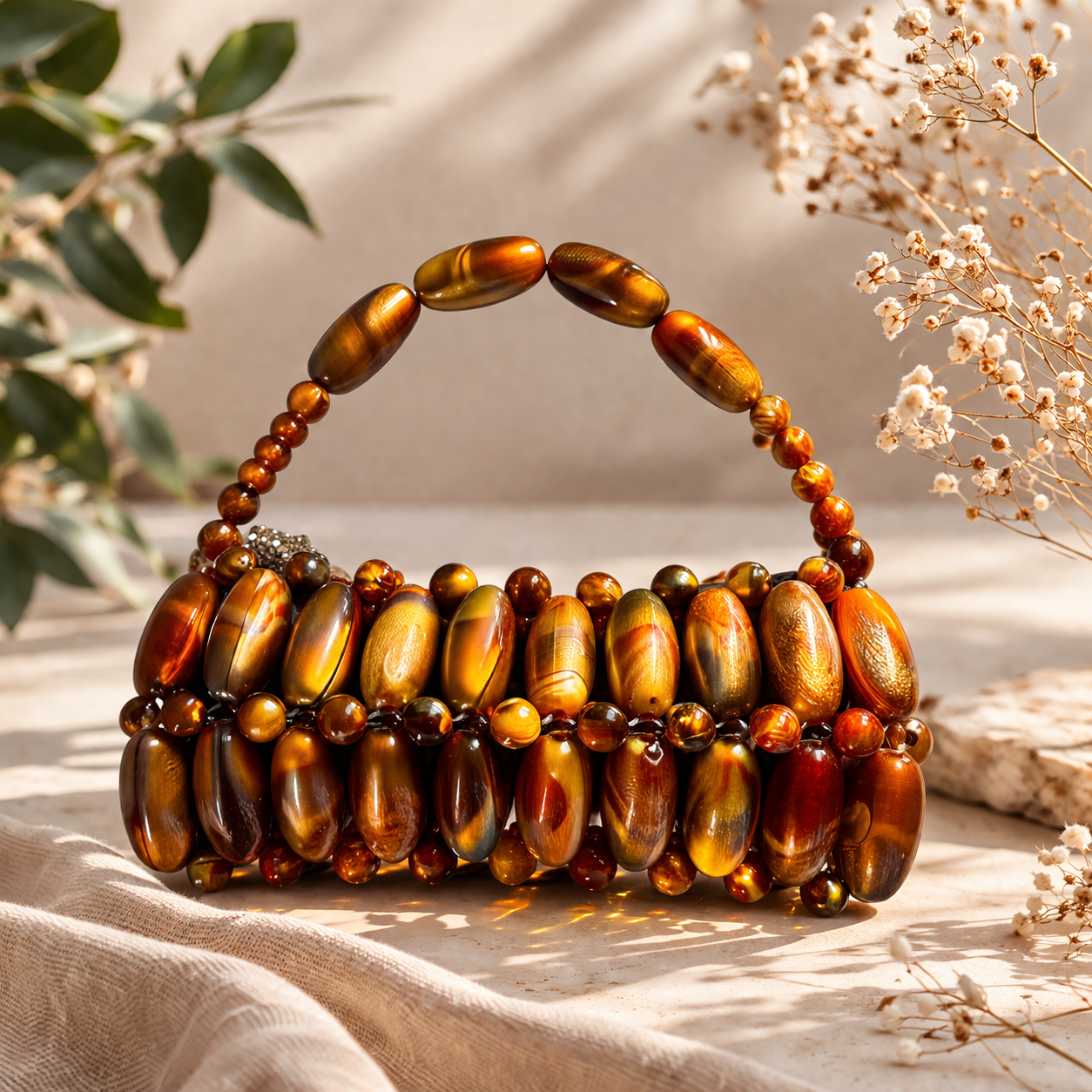 Gold Brown Beaded Mini Bag – Luxury Crystal Statement Handbag | EssyLuxe