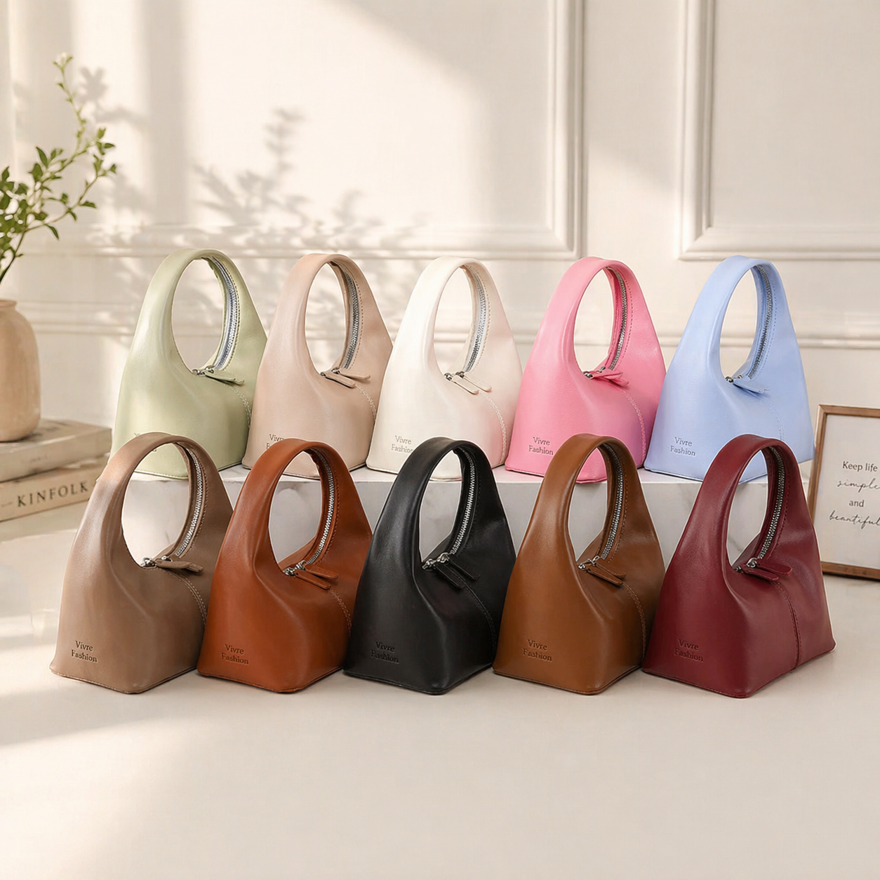 Leather Handbag - Unique Curved Handle Design