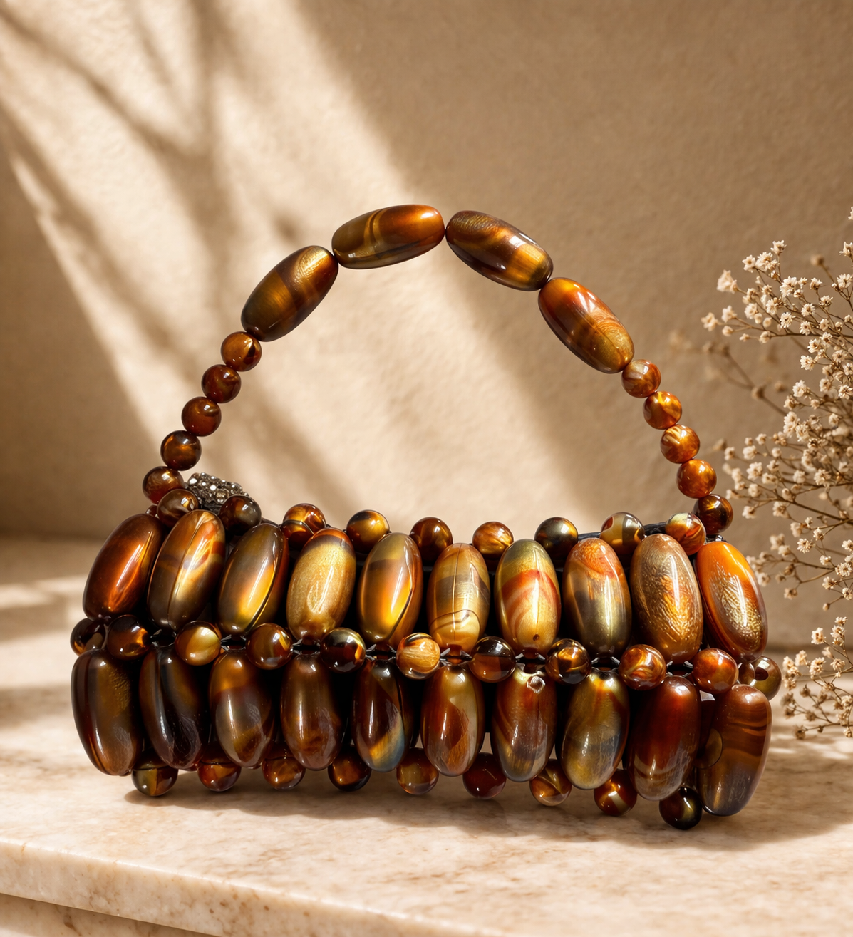Gold Brown Beaded Mini Bag – Luxury Crystal Statement Handbag | EssyLuxe
