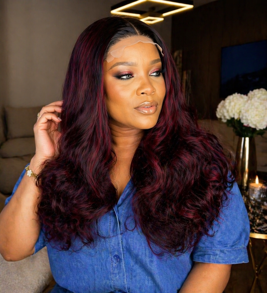 18” Burgundy Highlight T-Part Wig – Soft Body Wave Human Hair Blend | EssyLuxe