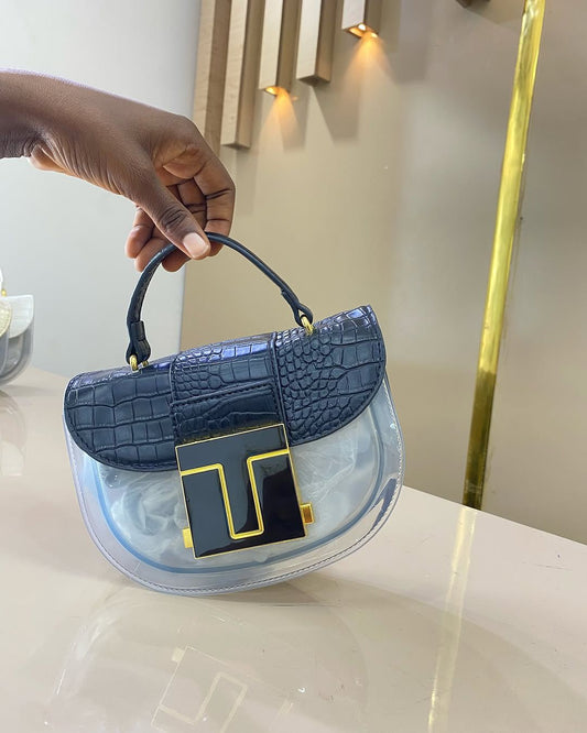 Luxury Mini Top Handle Bag Croc Embossed Clear Panel – Black, White, Gold