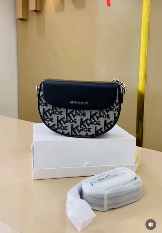 Monogram Half-Moon Saddle Bag – Black & Beige – Trendy Crossbody with Detachable Strap