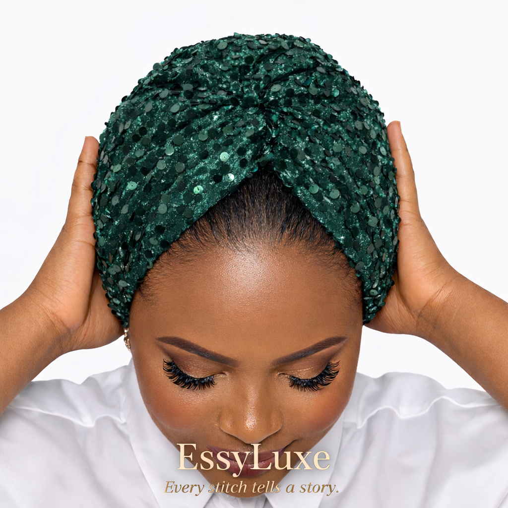 Sequin Velvet Turban Headwrap for Women – African Stretch Headwrap | Glam Wedding & Church Hair Cover