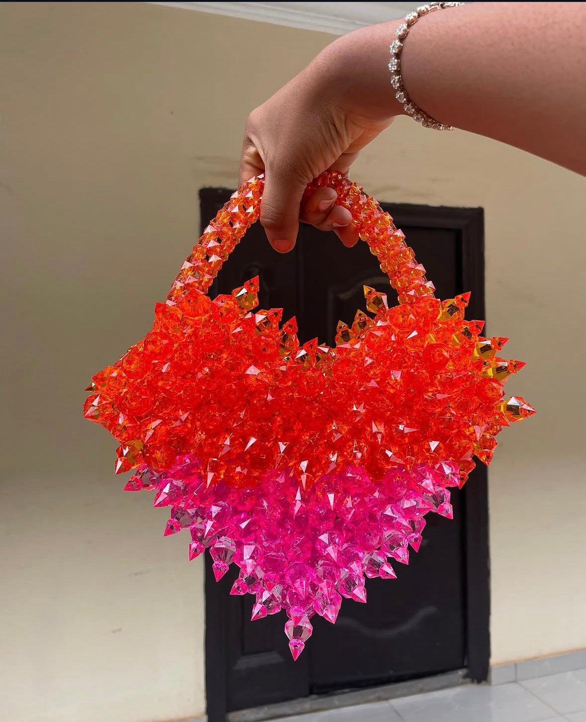 Orange Pink Beaded Mini Bag – Crystal Statement Purse | EssyLuxe