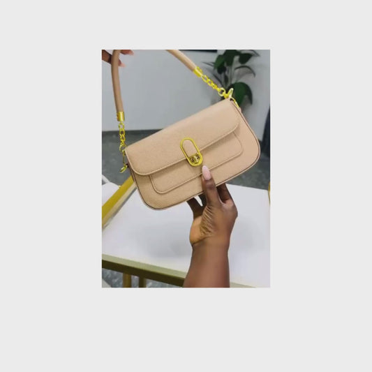 Elegant Long Handle Ribbed Purse with Gold Accents - Multi-Color Options